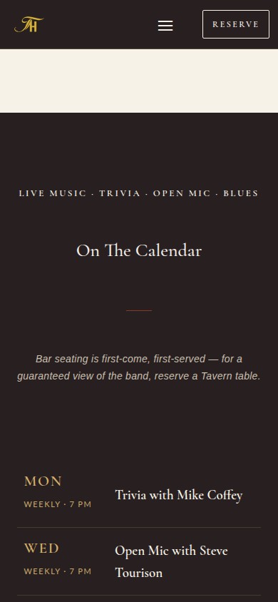 Live events calendar, fed from the venue's Google Calendar, on a phone